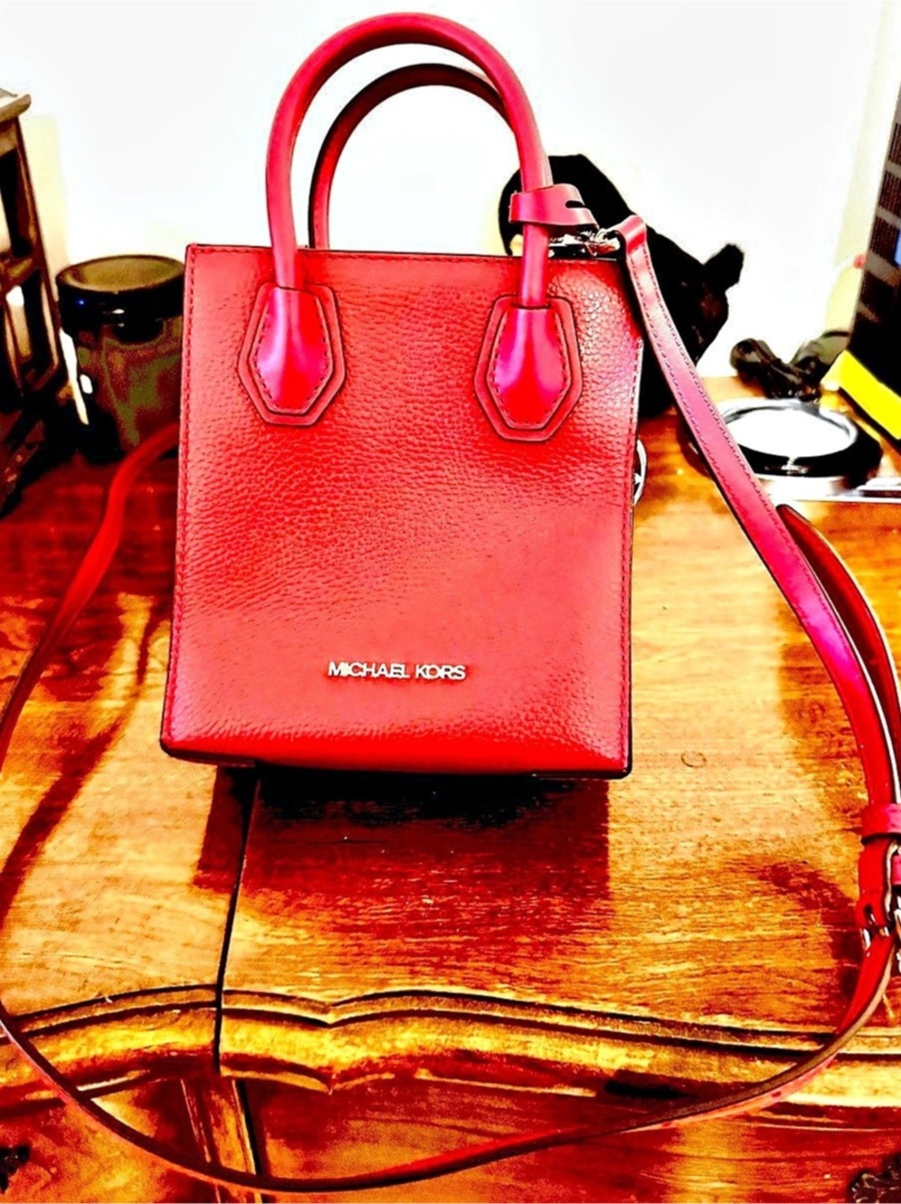 Michael Kors Mercer Extra-Small Pebbled Leather Crossbody Bag Red Satchel
